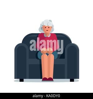 Heureux femme âgée assise sur un canapé. vector illustration de caractères. Illustration de Vecteur