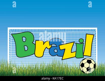 Terrain de football, ballon de football et de buts, inscription doodle Brésil vector illustration Illustration de Vecteur