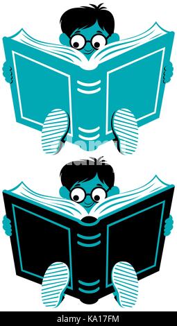 Cartoon little boy reading book en 2 couleurs et 2 versions. Illustration de Vecteur