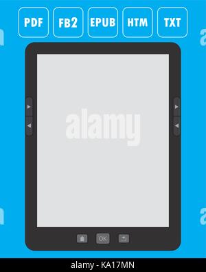 Vector illustration d'une tablette moderne portable e-book reader, avec des icônes de formats populaires Illustration de Vecteur