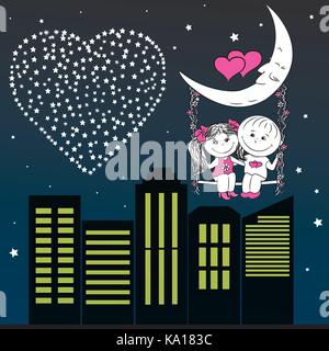 Couple aimant l'homme et la femme assise sur la lune dans la nuit swing city, vector Illustration de Vecteur