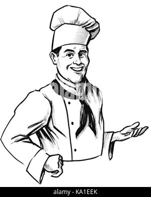 Chef sympathique personnage. Illustration noir et blanc Encre Banque D'Images