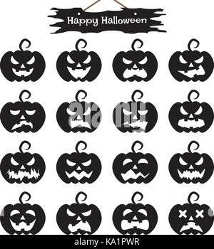 Vector facile à utiliser 16 émoticônes télévision de citrouille, noire silhouette différentes expressions du visage sur fond blanc avec happy Halloween plank Illustration de Vecteur