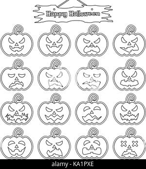 Vector facile à utiliser la ligne 16 des émoticônes de citrouille, sticker différentes expressions du visage sur fond blanc avec happy Halloween plank accroché au-dessus Illustration de Vecteur