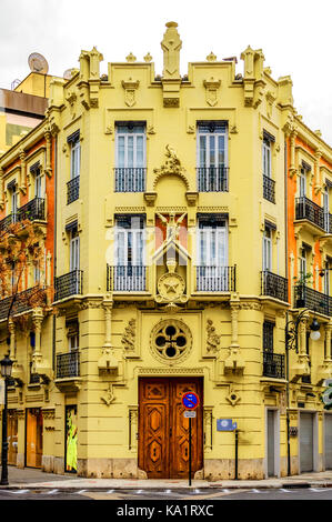 Vintage hotel building block façade extérieure,Valence, Espagne Banque D'Images