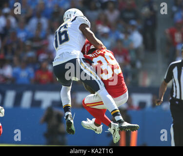 Carson, ca. Sep 24, 2017. Kansas City Chiefs Terrance évoluait Mitchell # 39 l'interception en première moitié de la NFL Kansas City Chiefs vs Los Angeles Chargers à Stubhub Center de Carson, ca le 24 septembre 2017. (Photographe complète absolue & Company Crédit : Jevone MarinMedia.org/Cal Moore/Sport Media Network Television (veuillez contacter votre représentant des ventes pour l'utilisation de la télévision. Credit : csm/Alamy Live News Banque D'Images