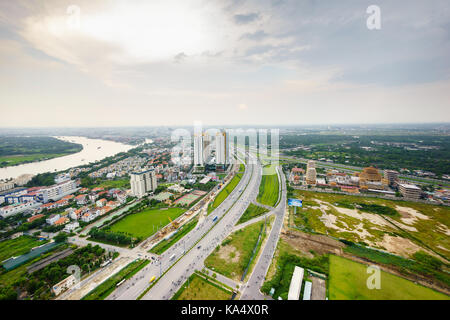 Vue panoramique de l'île de thanh da, Ho Chi Minh Ville (Saigon) aka dans le coucher du soleil par objectif fisheye, Vietnam. Banque D'Images