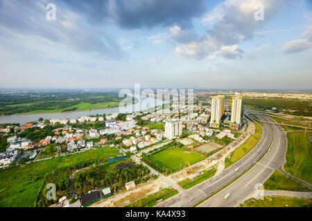 Vue panoramique de l'île de thanh da, Ho Chi Minh Ville (Saigon) aka dans le coucher du soleil par objectif fisheye, Vietnam. Banque D'Images