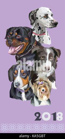 Carte postale verticale avec des chiens de races différentes (border collie rottweiler ; ; ; dalmatien biewer terrier, chien de Montagne modhydropoll) sur fond violet. Illustration de Vecteur