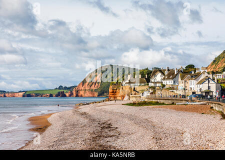 Plage de galets, mer et vue sur les falaises, Greenbottom, une ville côtière et station balnéaire populaire sur la côte de la Manche, Devon, Angleterre du Sud-Ouest Banque D'Images