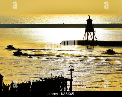 Cormorans sur l'ancienne jetée et les pêcheurs dans leurs bateaux à moteur passant le troupeau phare épi après un lever du soleil d'or Banque D'Images