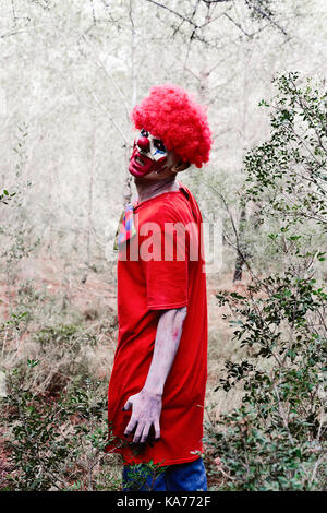 Libre de scary clown maléfique portant un costume rouge sale dans les bois Banque D'Images