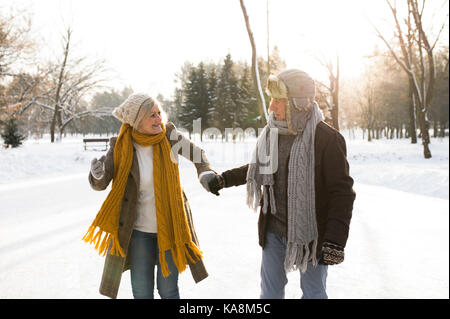 Couple dans la nature d'hiver ensoleillé sur une marche. Banque D'Images