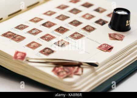 L'Angleterre. Victoria penny red stamps avec annotations dans l'album de timbres et certains perdent timbres avec des pincettes et magnifer. La philatélie hobby. La philatélie. Banque D'Images