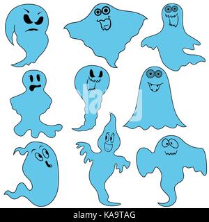 Ensemble de neuf bleu amusant fantômes avec divers caractères isolé sur un fond blanc, cartoon Halloween vector illustration Illustration de Vecteur