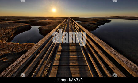 Coucher de soleil sur la passerelle en bois sur la plage de Grays à Yarmouth, Cape Cod, Massachusetts. Banque D'Images