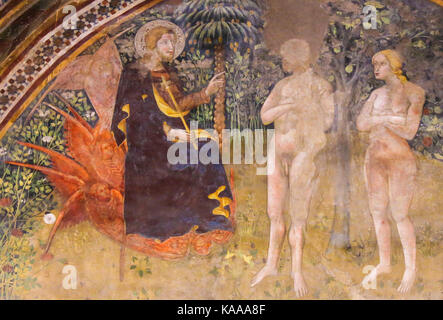 Fresque de la renaissance (1365) par Bartolo di Fredi représentant Jésus, Adam et Eve dans le jardin d'eden dans l'église collégiale de san gimignano, Italie. Banque D'Images