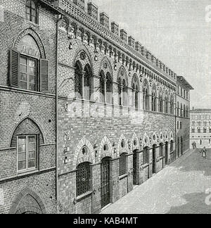 Cette photographie présente le Palazzo Grottanelli à Sienne, en Italie, un bâtiment historique connu pour sa beauté architecturale. La photo souligne son design élégant, combinant des éléments médiévaux et Renaissance, et capture l'attrait intemporel du bâtiment dans le paysage urbain de Sienne. Banque D'Images