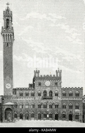 Le Palazzo Pubblico de Sienne est un bâtiment historique connu pour son architecture et son rôle dans la vie civique et culturelle de la ville. La xilografia, gravure sur bois, représente le palais et son importance artistique dans le contexte de l'histoire médiévale de Sienne et de son influence politique et culturelle. Banque D'Images