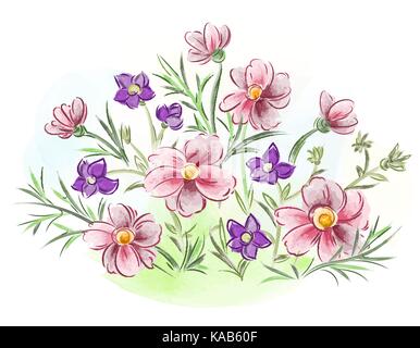 Aquarelle fleurs violettes et pansy et les feuilles on meadow Illustration de Vecteur