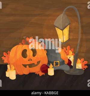 Cartoon illustration pour halloween - hat, lanterne, la citrouille sur fond lumineux Illustration de Vecteur