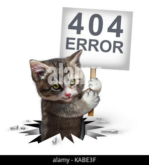 Erreur 404 Page non trouvée concept et une fracture ou lien mort symbole comme un chat chaton sortant d'un trou avec un panneau avec texte pour démolition. Banque D'Images