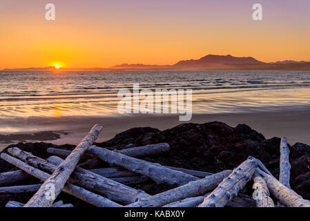 Le coucher du soleil, la plage de Wickaninnish, Réserve de parc national Pacific Rim, l'île de Vancouver, Colombie-Britannique, Canada Banque D'Images