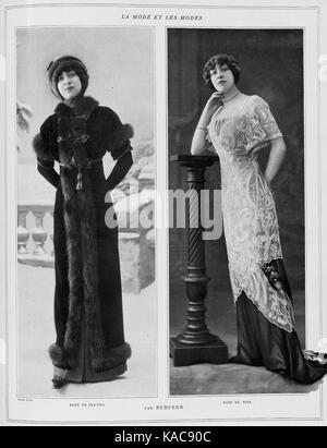 Un design de mode de Redfern en 1910 mettant en vedette une robe de skate et une robe de soirée. Cela souligne l'élégance et le style de la mode du début du XXe siècle. Banque D'Images