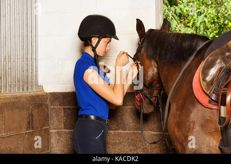 Fille jockey bride de montage sur bay horse , équitation Banque D'Images