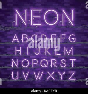 Néon réaliste. L'alphabet font rougeoyant. Illustration de Vecteur