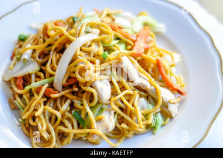 Lo mein Nouilles, sauté de lo mein Nouilles, carottes, oignons, céleri et napa, avec sauce brune. Banque D'Images