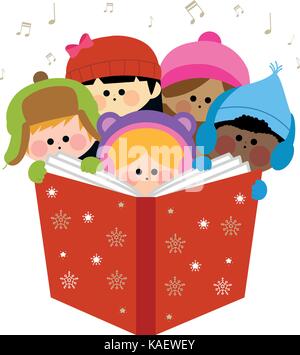 Groupe d'enfants chantant des chants de Noël. Groupe diversifié de chœur d'enfants avec des chapeaux d'hiver chantent la nuit du réveillon de Noël. Illustration vectorielle Illustration de Vecteur