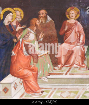 Renaissance fresque représentant Jésus Christ, comme un garçon parmi les docteurs dans le temple de Jérusalem, en l'église collégiale de san gimignano, Italie. Banque D'Images