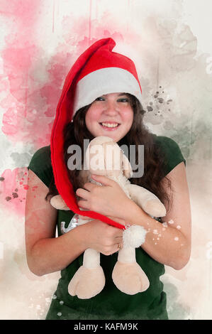 Amélioration de l'image numérique d'une jeune teen wearing Santa's helper hat et serrant un ours en peluche avec ambiance de Noël Banque D'Images