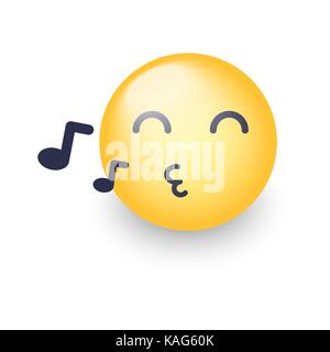 Smiley. chanter une chanson de sifflets emoji. cartoon vector émoticône avec notes. Heureux personnage vector jaune avec les yeux fermés. Illustration de Vecteur