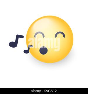 Smiley. chanter une chanson de sifflets emoji. cartoon vector émoticône avec notes. Heureux personnage vector jaune avec les yeux fermés. Illustration de Vecteur