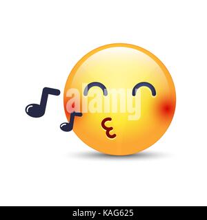 Smiley. chanter une chanson de sifflets emoji. cartoon vector émoticône avec notes. Heureux personnage vector jaune avec les yeux fermés. Illustration de Vecteur