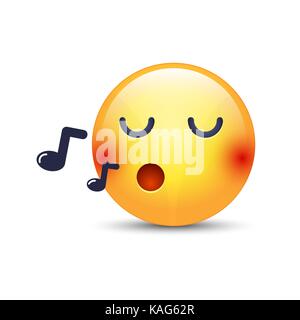 Smiley. chanter une chanson de sifflets emoji. cartoon vector émoticône avec notes. Heureux personnage vector jaune avec les yeux fermés. Illustration de Vecteur