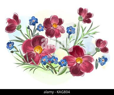 Aquarelle fleurs violettes et pansy et les feuilles on meadow Illustration de Vecteur