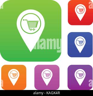 Geo tag avec panier symbol set collection couleur Illustration de Vecteur