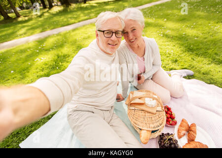 Young couple at picnic selfies dans park Banque D'Images