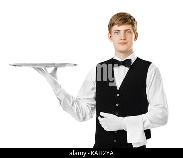 Portrait of young handsome waiter holding bac vide isolé sur fond blanc Banque D'Images