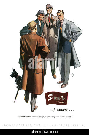 La publicité pour Sumrie 1954 men's couture. Banque D'Images