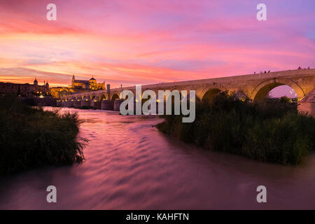 Puente Romano, pont romain au-dessus de Rio Guadalquivir, derrière Mezquita, Catedral de Córdoba, crépuscule, Cordoue, Andalousie, Espagne Banque D'Images