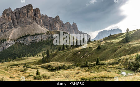 Val Gardena pass, Passo Gardena, 2121m, à l'arrière du groupe sella avec murfreitspitze, Parc Naturel Puez Geisler, parc des dolomites Banque D'Images