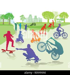 Les enfants atteints de skateboard et de vélo dans le parc Illustration de Vecteur