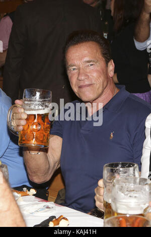 Les acteurs Arnold Schwarzenegger célèbrent avec la bière de masse dans le Schützenzelt Festzelt lors de la 184e Oktoberfest sur Theresienwiese le mardi 26 septembre 2017 à Munich | Verwendung weltweit Banque D'Images