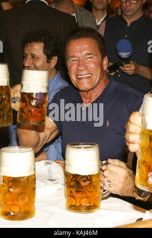 Les acteurs Arnold Schwarzenegger célèbrent avec la bière de masse dans le Schützenzelt Festzelt lors de la 184e Oktoberfest sur Theresienwiese le mardi 26 septembre 2017 à Munich | Verwendung weltweit Banque D'Images