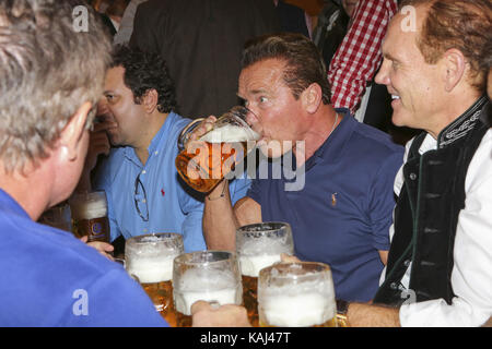 Les acteurs Arnold Schwarzenegger célèbrent avec la bière de masse dans le Schützenzelt Festzelt lors de la 184e Oktoberfest sur Theresienwiese le mardi 26 septembre 2017 à Munich | Verwendung weltweit Banque D'Images