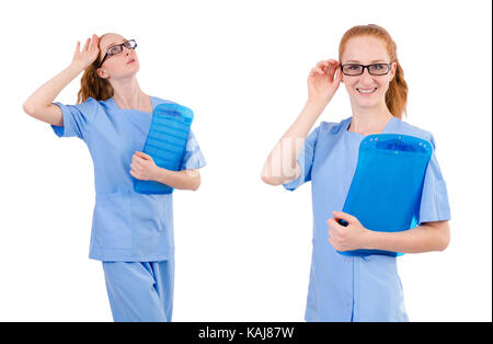 Jolie médecin en uniforme bleu avec des documents isolated on white Banque D'Images